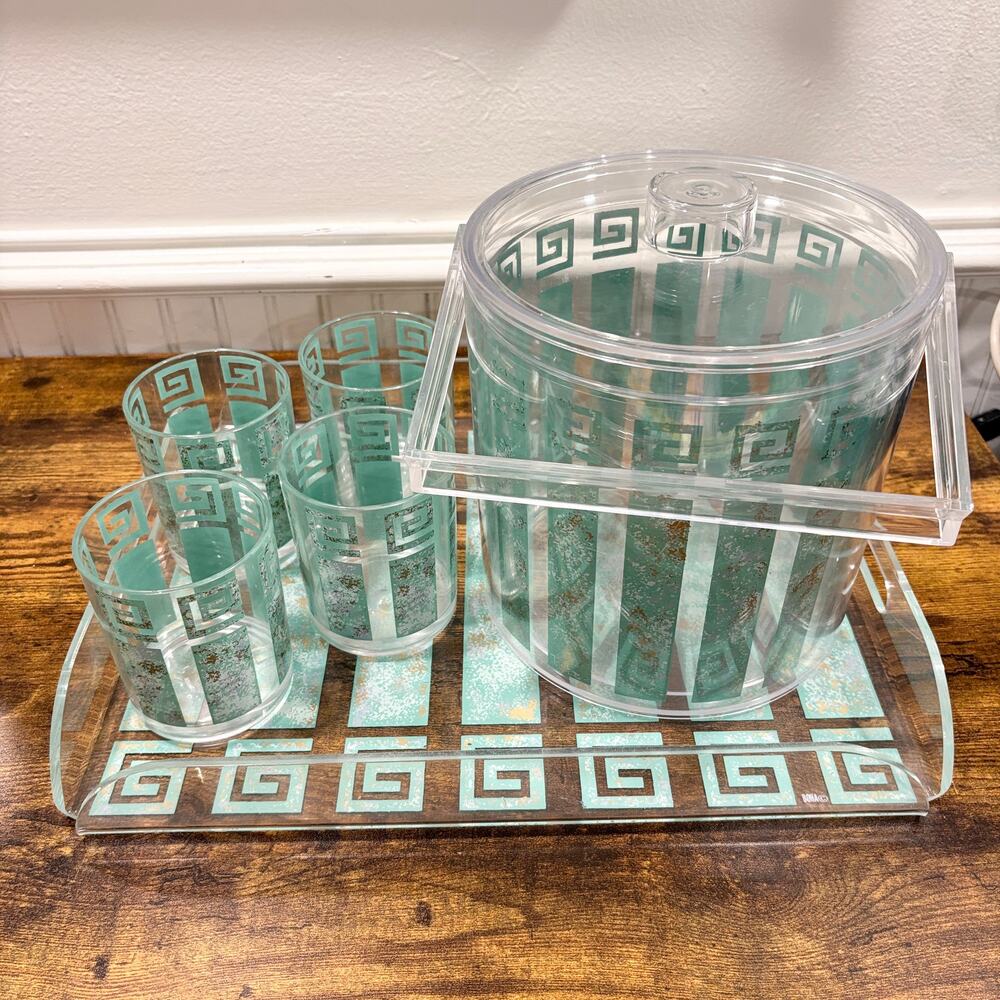 Vintage HJ Stotter Lucite Ice Bucket Tray Lowball Rocks Glass Set Grecian Boha